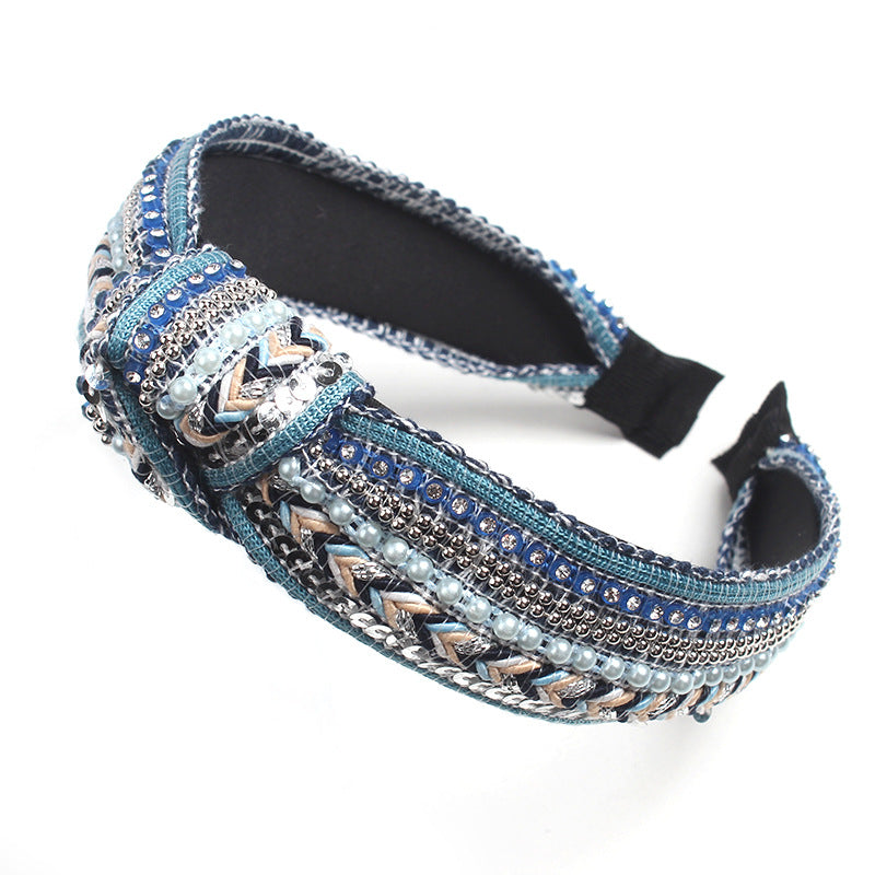 Wholesale Korea Studded Pearl Sequins National Pneumatic Drill Wide-brimmed Knot Hairband